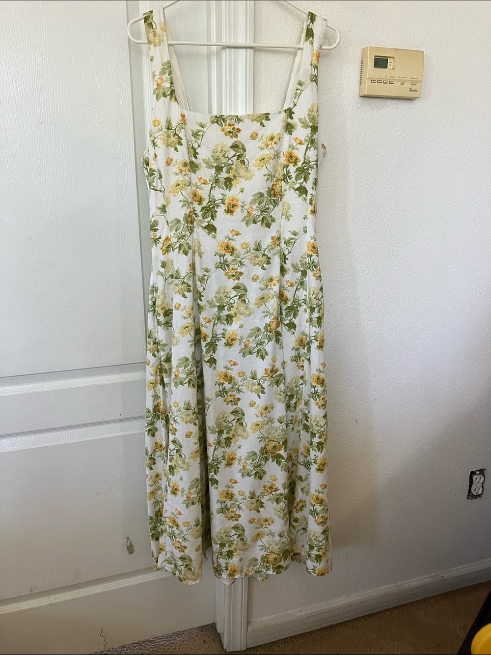 Laura Ashley linen Blend White Midi Dress with Green and Yellow Floral Print  12